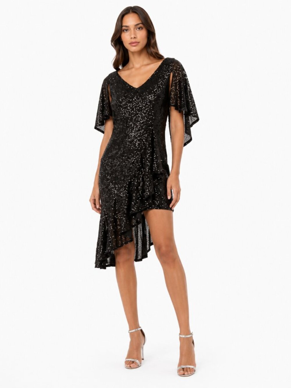DALIA MACPHEE BLACK SEQUIN FLUTTER SLEEVE RUFFLE COCKTAIL EVENING DRESS - L